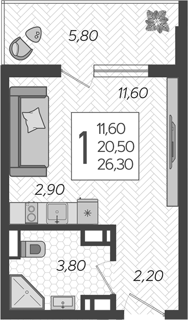 Студия, 20.5 м²