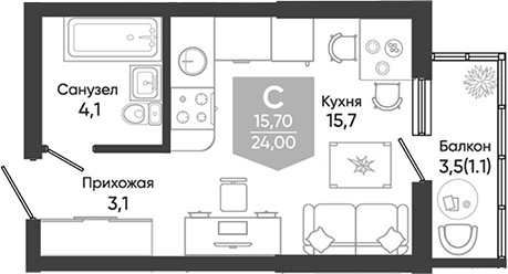 Планировка 22.9 м²