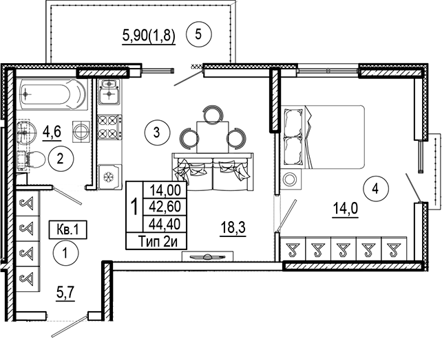 1-комн. · 42.6 м²