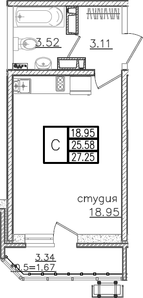 Планировка 25.58 м²