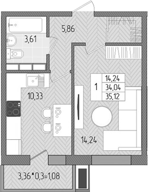 Продается 1-комн. квартира, 34.04 м²