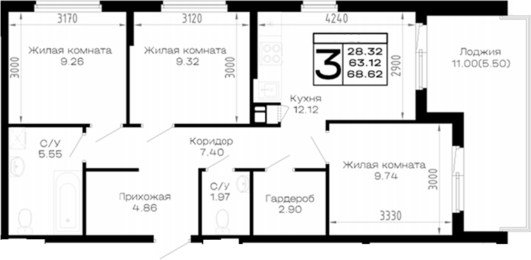 Продается 3-комн. квартира, 63.12 м²