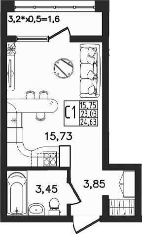Студия, 23.03 м²