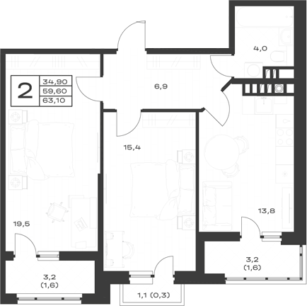 Продается 2-комн. квартира, 59.6 м²