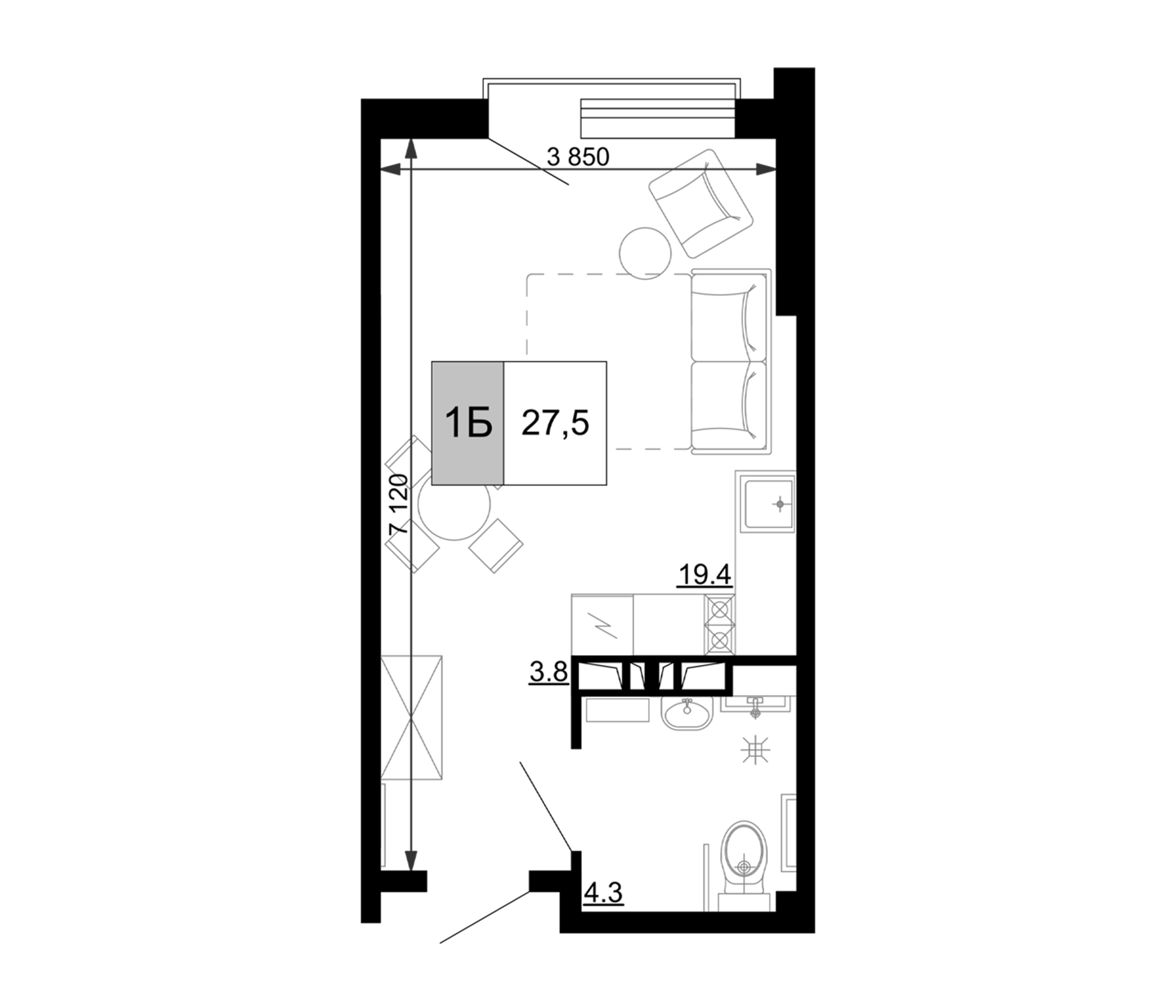 Студия · 27.5 м²