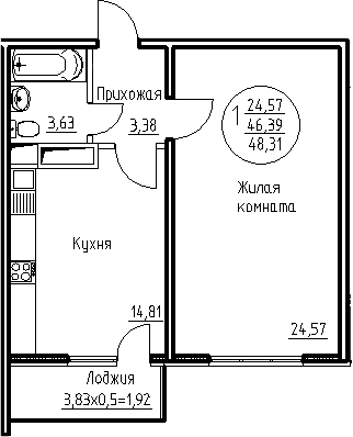 1-комн. · 46.39 м²