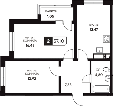 Продается 2-комн. квартира, 56.05 м²