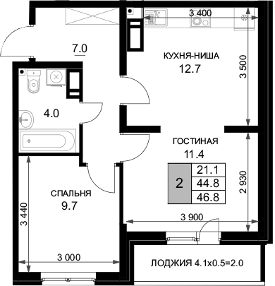 Планировка 44.8 м²