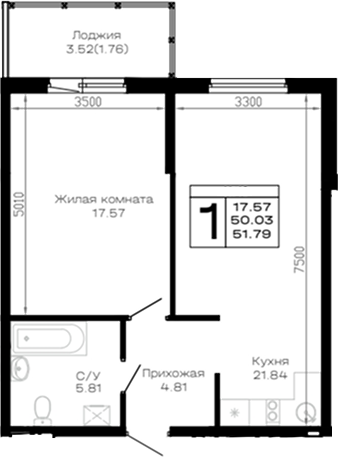 Продается 1-комн. квартира, 50.03 м²