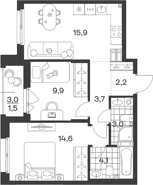 Планировка 53.4 м²