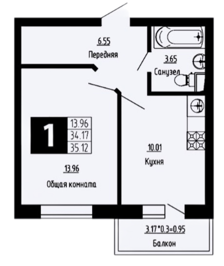Планировка 34.17 м²