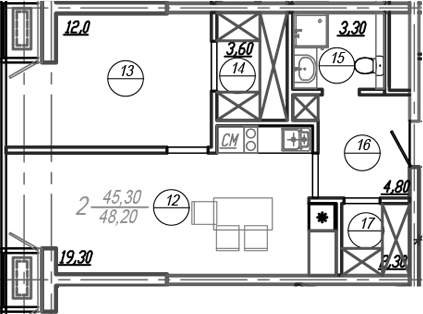 Планировка 46.75 м²