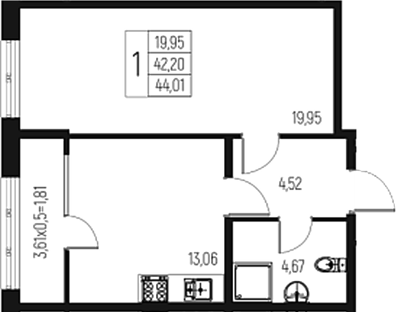Продается 1-комн. квартира, 42.2 м²