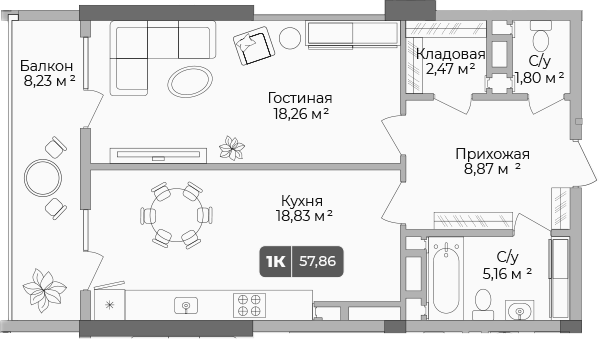 Продается 1-комн. квартира, 55.39 м²