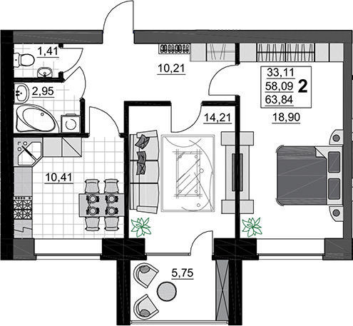 2-комн. · 58.09 м²