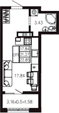 Студия, 21.32 м²