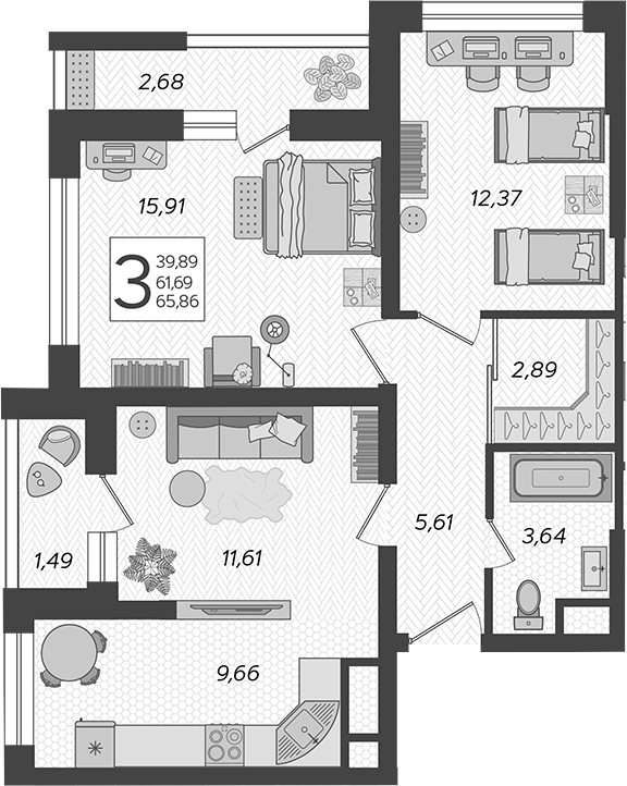 Продается 3-комн. квартира, 61.69 м²