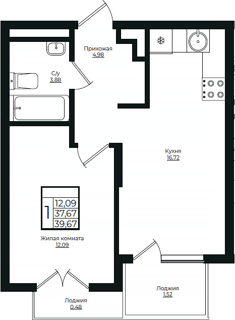 Продается 2-комн. квартира, 37.67 м²