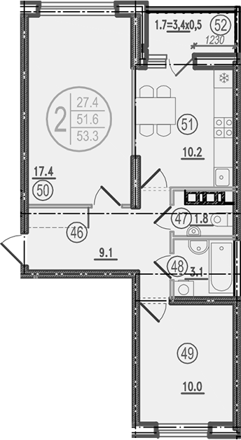 Продается 2-комн. квартира, 51.6 м²
