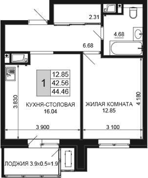 Планировка 42.56 м²