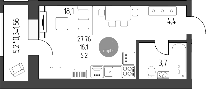 Студия квартира, 26.2 м² в ЖК Лермонтов