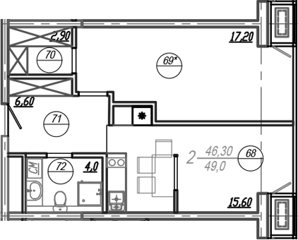 Планировка 47.6 м²