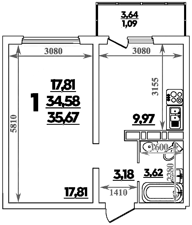 1-комн. квартира, 34.58 м² в ЖК Романовский