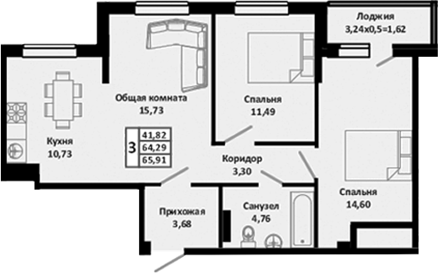 Продается 3-комн. квартира, 64.29 м²