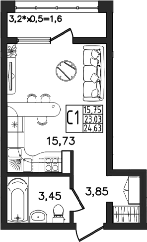Студия, 23.03 м²