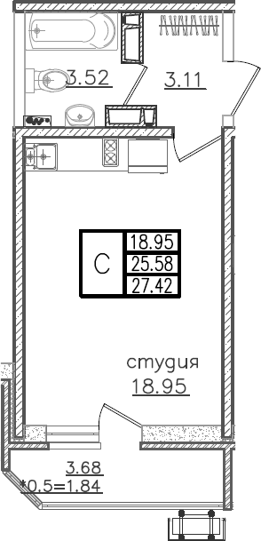 Студия · 25.58 м²