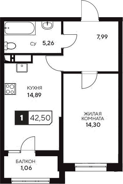 Продается 1-комн. квартира, 41.44 м²