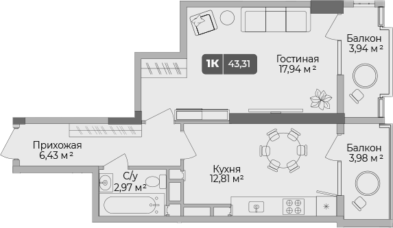 1-комн. · 40.94 м²