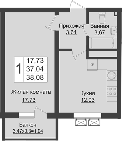 Продается 1-комн. квартира, 37.04 м²