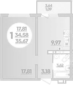1-комн. квартира, 34.58 м² в ЖК Первый