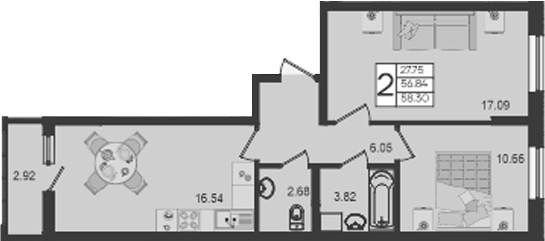 Планировка 56.84 м²