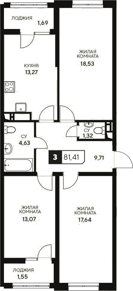 Продается 3-комн. квартира, 78.17 м²