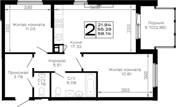 Продается 2-комн. квартира, 55.29 м²