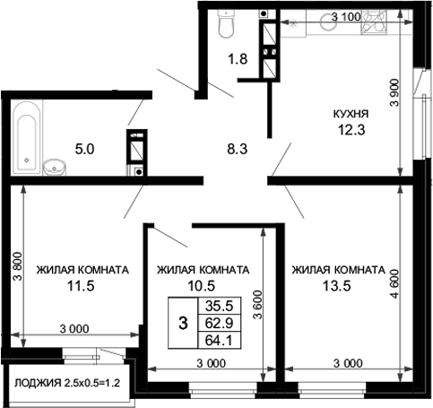 Планировка 62.9 м²
