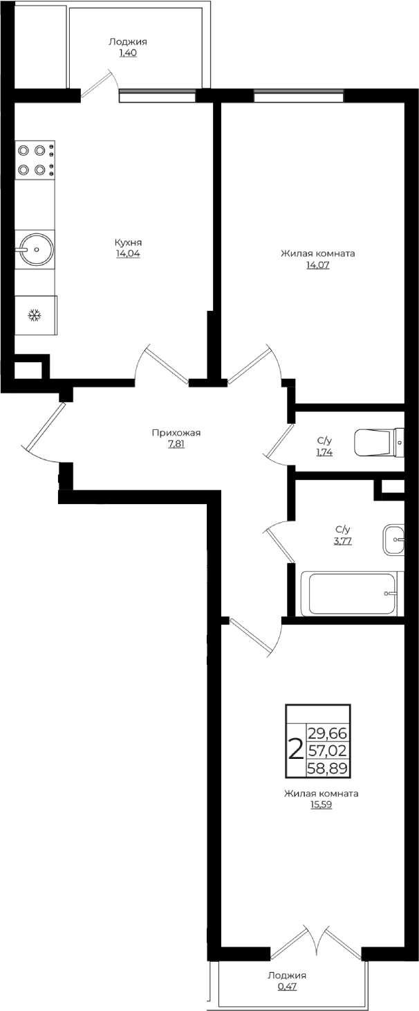 Продается 2-комн. квартира, 57.02 м²