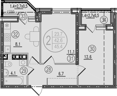 Продается 2-комн. квартира, 42.6 м²