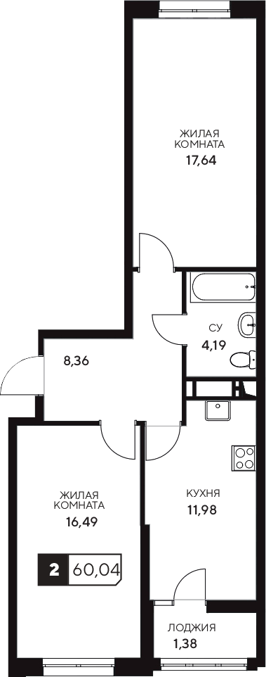 Продается 2-комн. квартира, 58.66 м²