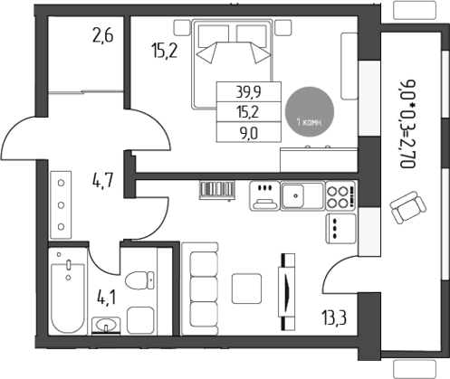 Продается 1-комн. квартира, 39.9 м²