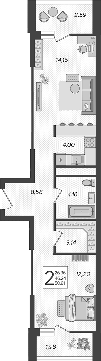 Продается 2-комн. квартира, 46.24 м²