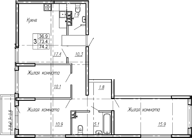 Продается 3-комн. квартира, 73.4 м²