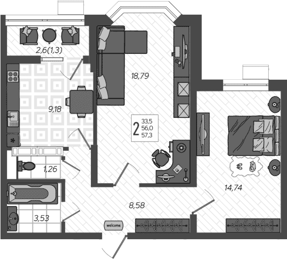 2-комн., 56 м²