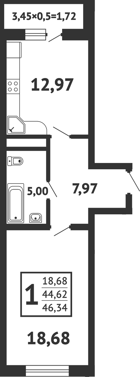 Планировка 44.62 м²