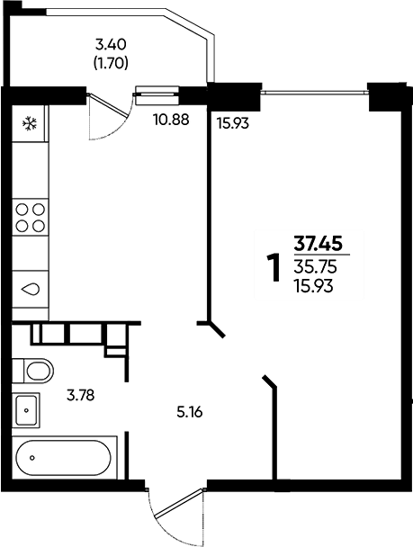 Планировка 35.75 м²