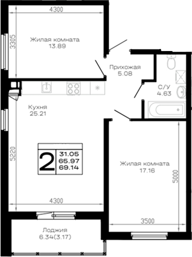 Продается 2-комн. квартира, 65.97 м²