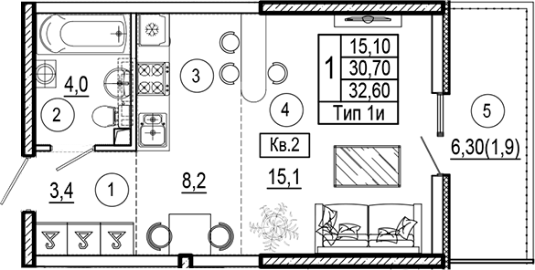 Планировка 30.7 м²