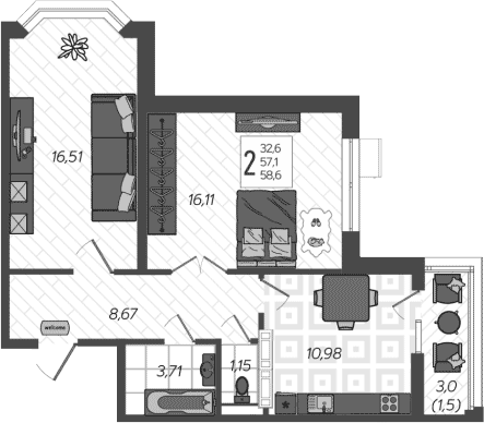 Планировка 57.1 м²